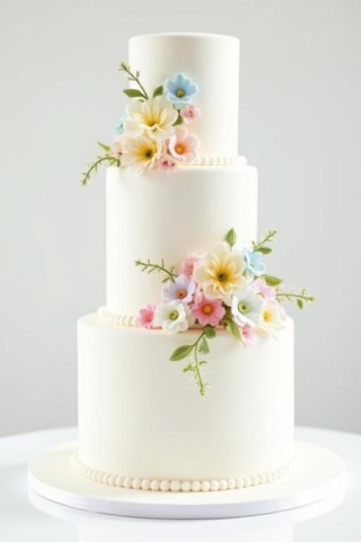 Hvit og elegant bryllupskake dekorert med ekte, fargerike blomster i pastelltoner. Tre etasjer.