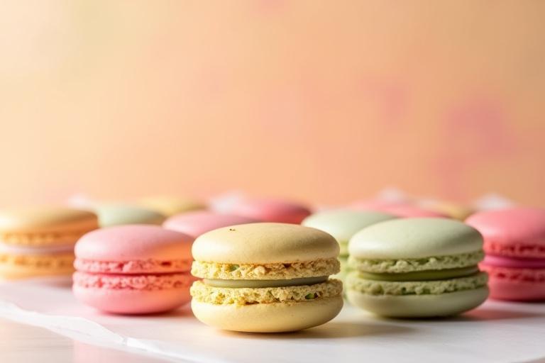Et fargerikt utvalg av håndlagde makroner i ulike smaker som vanilje, pistasj og bringebær, vakkert presentert.