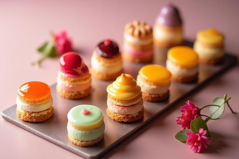 Små, individuelle porsjonskaker med forskjellige mousser og skinnende speilglasur, anrettet på et fat.